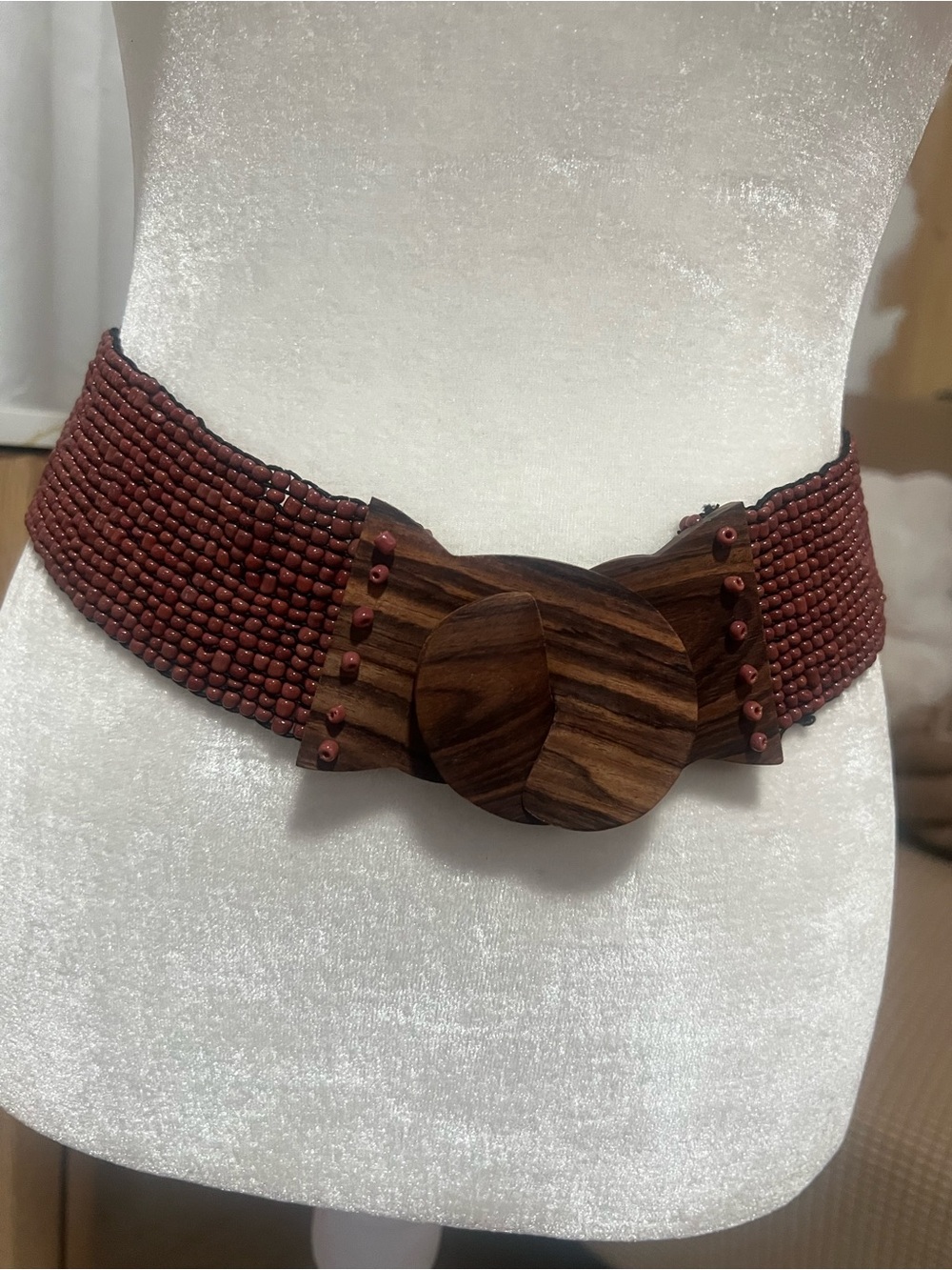 Hand-Beaded Wooden Buckle Waist Belt - Brown